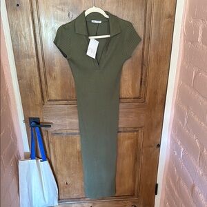 Zara Khaki Ribbed Dress with Collar